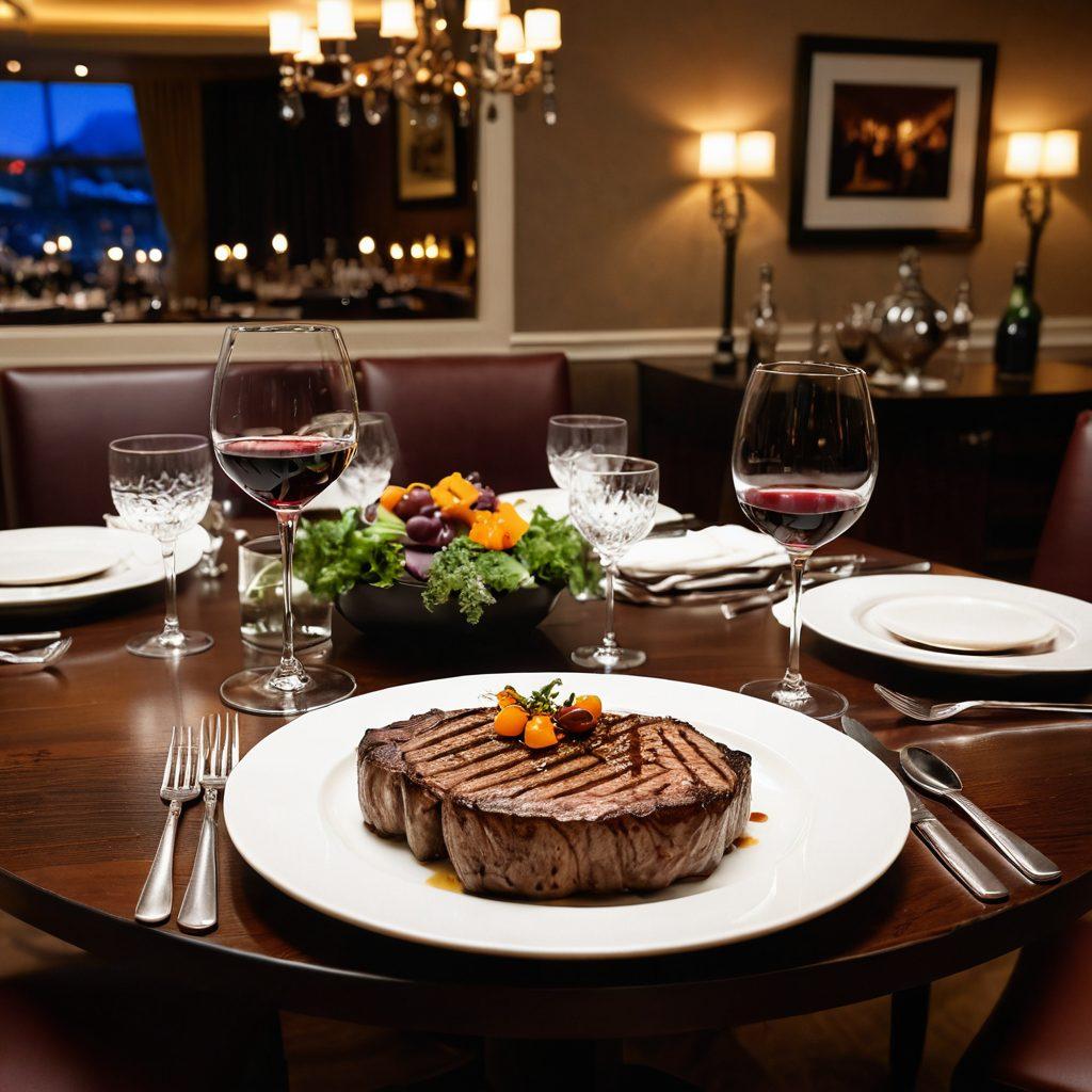 A beautifully arranged upscale dining table featuring an exquisite steak delicacy with garnishes, luxurious tableware, and elegant wine glasses. Soft, ambient lighting enhances the warm atmosphere, while a backdrop of an elegant restaurant adds sophistication. Include subtle hints of rich textiles and polished wood elements for a cozy yet refined feel. super-realistic. warm tones. elegant setting.
