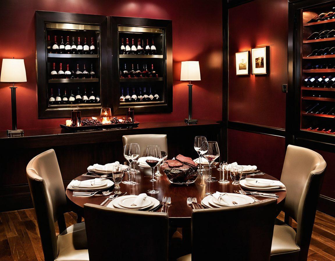 A beautifully set dining table at Ruth's Chris steakhouse featuring a sumptuous steak paired with a glass of exquisite red wine, surrounded by elegant wine bottles. Soft candlelight creates a warm ambiance, while a backdrop of rich mahogany wood adds sophistication. Include subtle hints of gourmet side dishes to enhance the visual appeal. super-realistic. warm tones. soft lighting.
