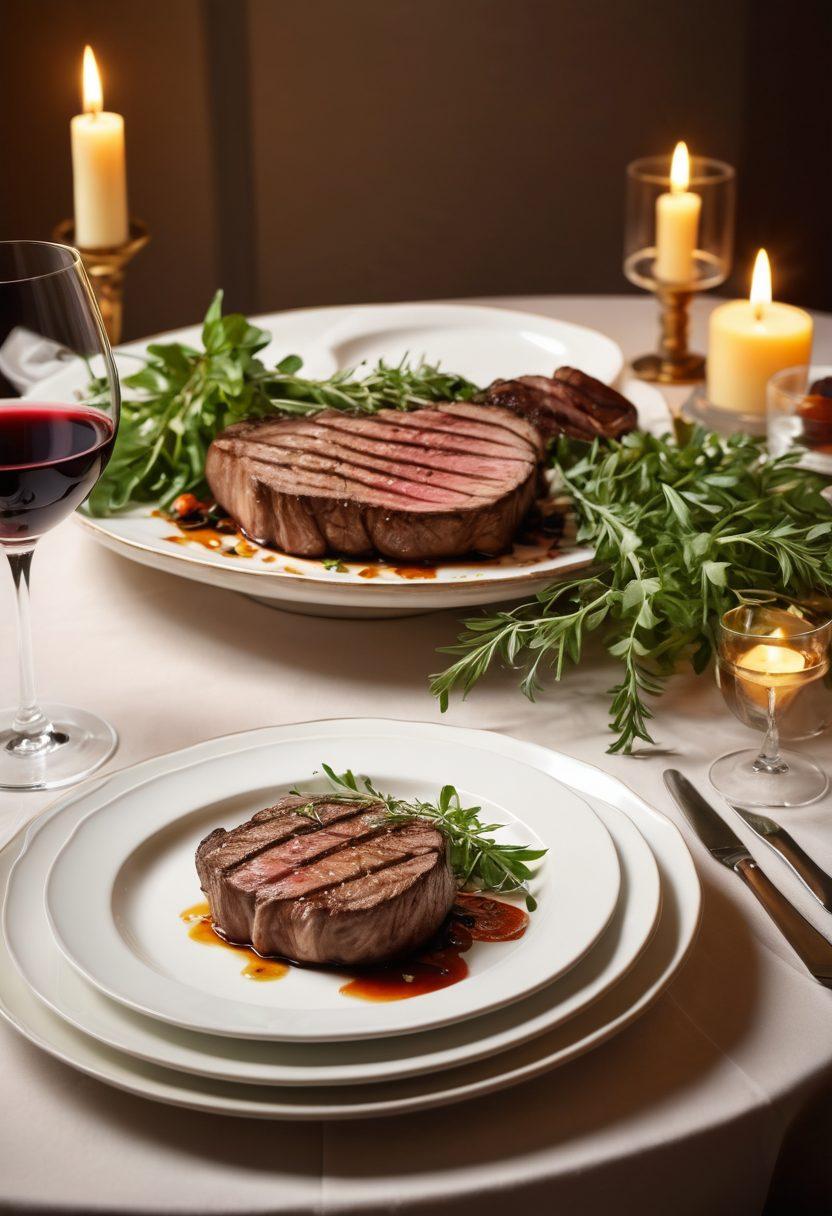 A beautifully set upscale dining table with elegant tableware and flickering candlelight, featuring a mouth-watering grilled steak centerpiece garnished with fresh herbs. Surround the table with wine glasses and minimalistic decor that exudes luxury and sophistication. Soft ambient light highlights textures and colors of the food and setting, emphasizing the culinary artistry behind fine dining. super-realistic. warm tones. soft focus.